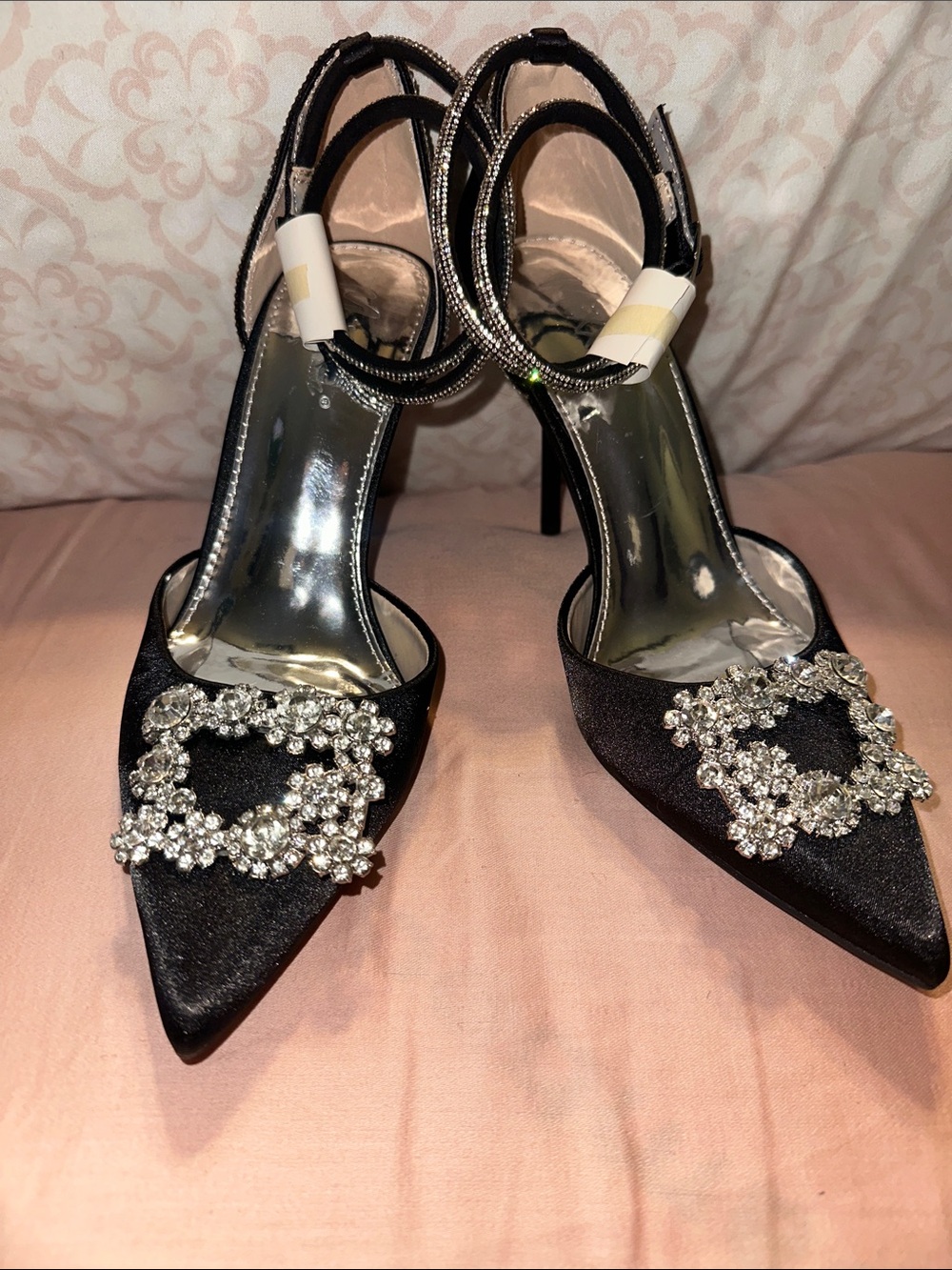 Mixx Shuz Black Pointed Crystal-Embellished Ankle Strap Heels